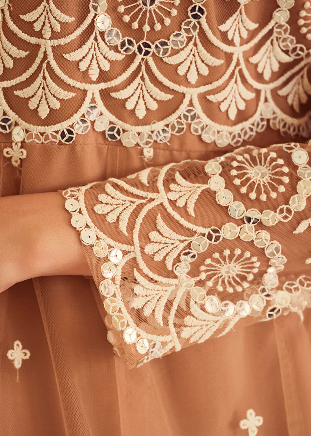 Wedding Wear Peach Net Sequins Embroidered Anarkali Suit - Image 4