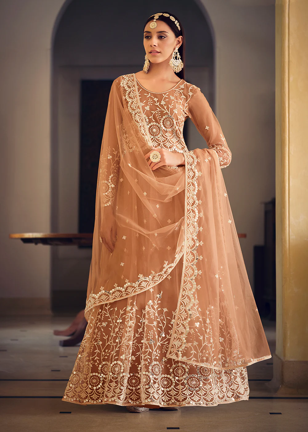Wedding Wear Peach Net Sequins Embroidered Anarkali Suit - Image 5