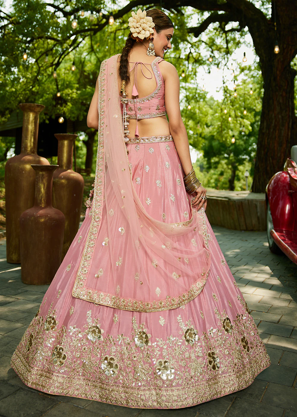 Wedding Wear Pink Chiffon Embroidered Lehenga Choli - Image 3