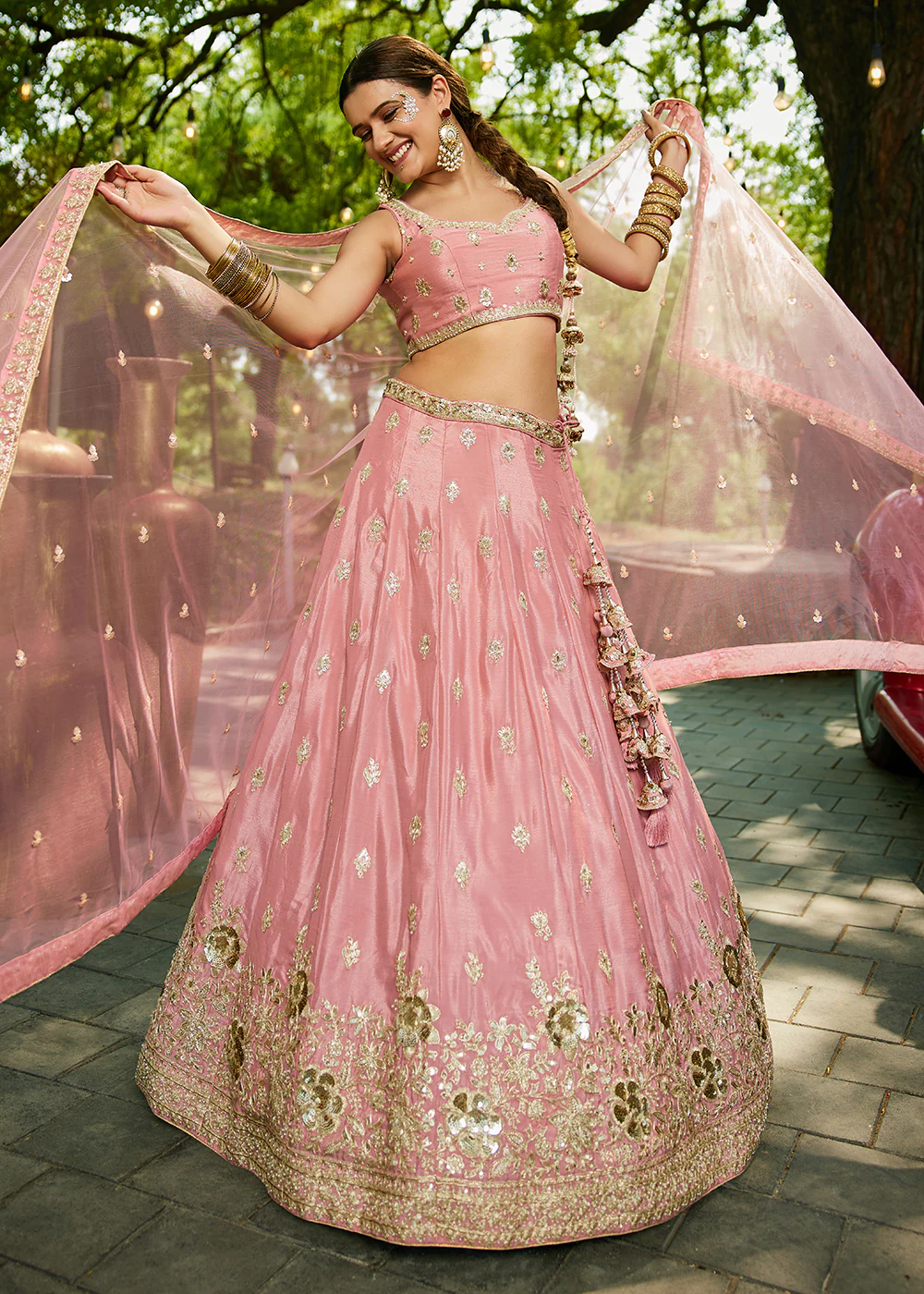 Wedding Wear Pink Chiffon Embroidered Lehenga Choli - Image 4
