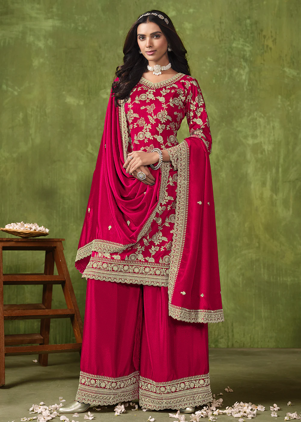 Wedding Wear Pink Dola Silk Jacquard Palazzo Suit - Image 3
