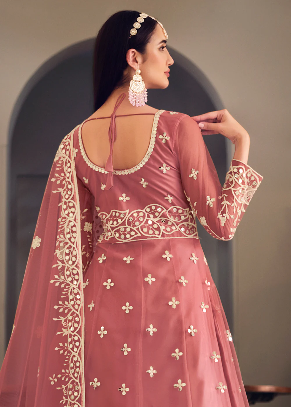 Wedding Wear Pink Net Sequins Embroidered Anarkali Suit - Image 3