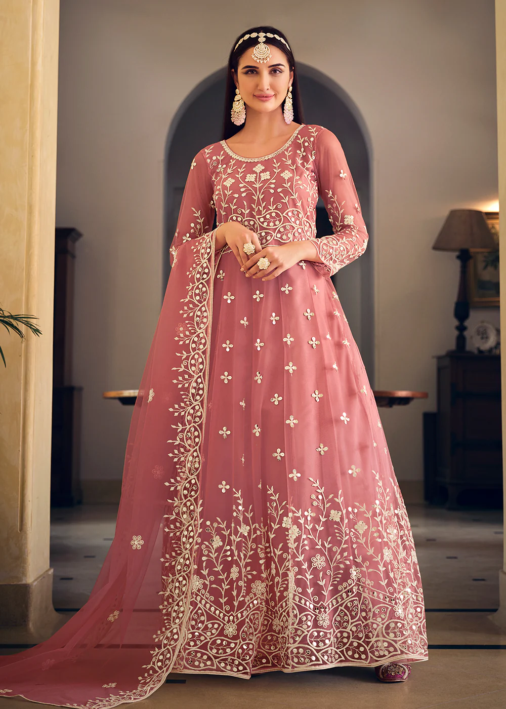 Wedding Wear Pink Net Sequins Embroidered Anarkali Suit - Image 4