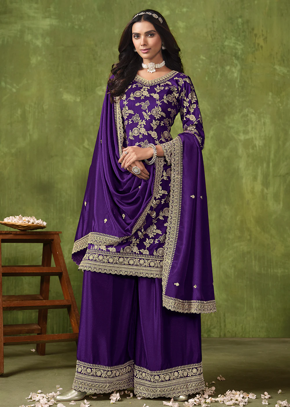 Wedding Wear Purple Dola Silk Jacquard Palazzo Suit - Image 3