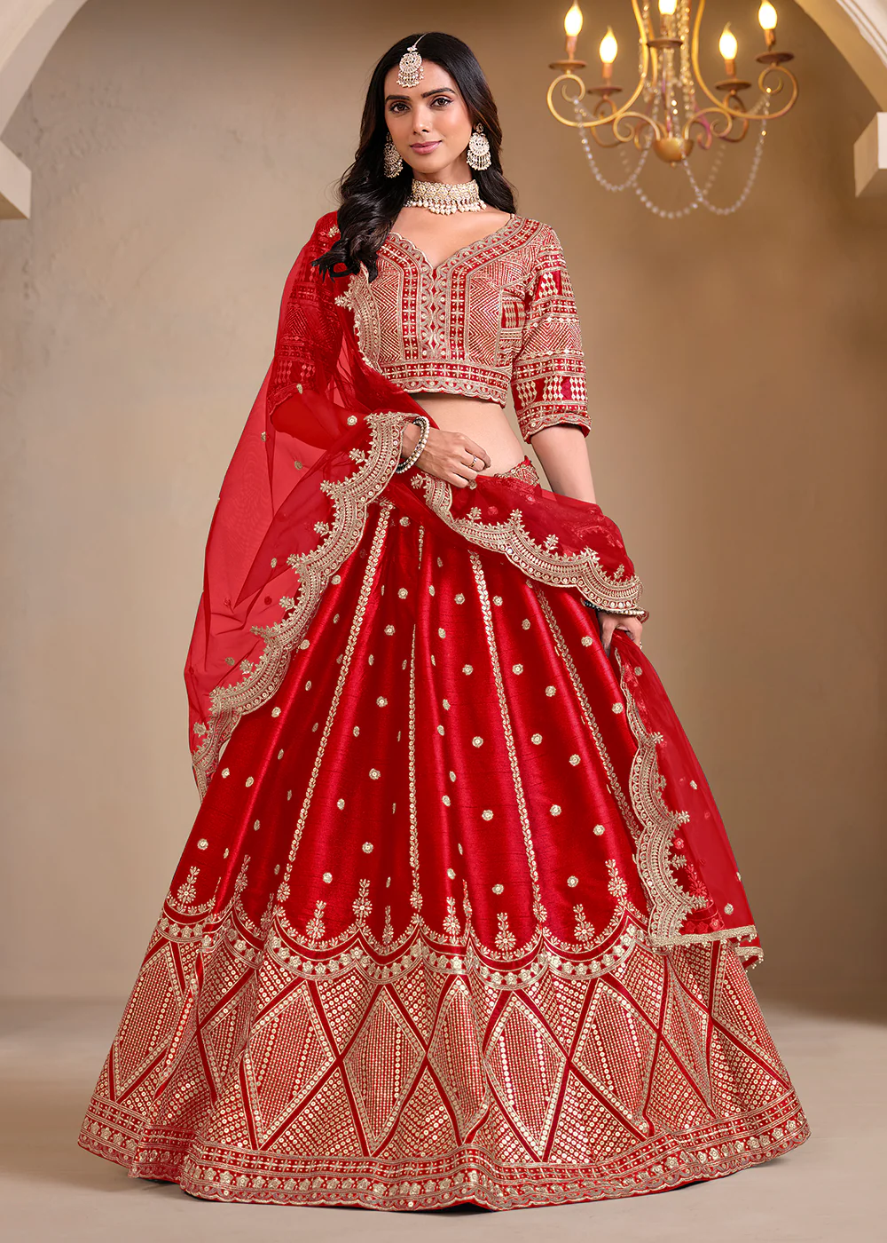 Wedding Wear Red Embroidered A Line Lehenga Choli