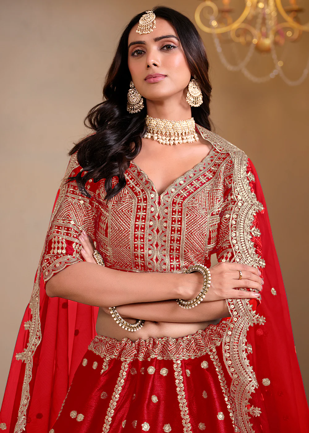 Wedding Wear Red Embroidered A Line Lehenga Choli - Image 2