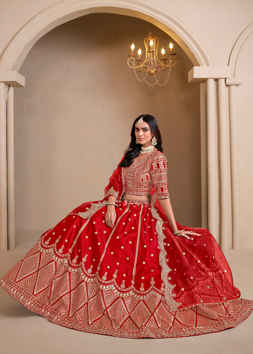 Wedding Wear Red Embroidered A Line Lehenga Choli - Image 4