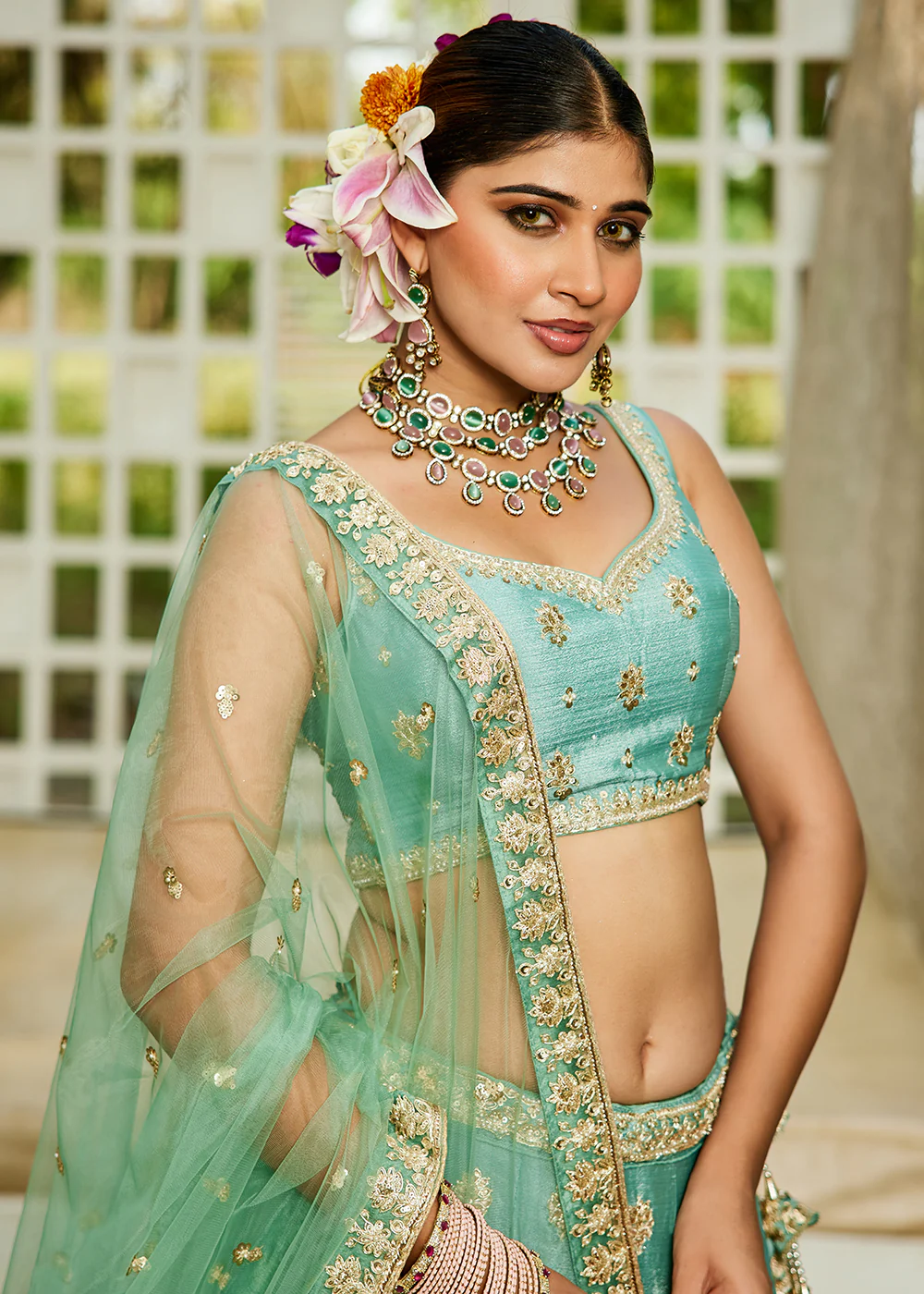 Wedding Wear Sea Green Chiffon Embroidered Lehenga Choli - Image 2