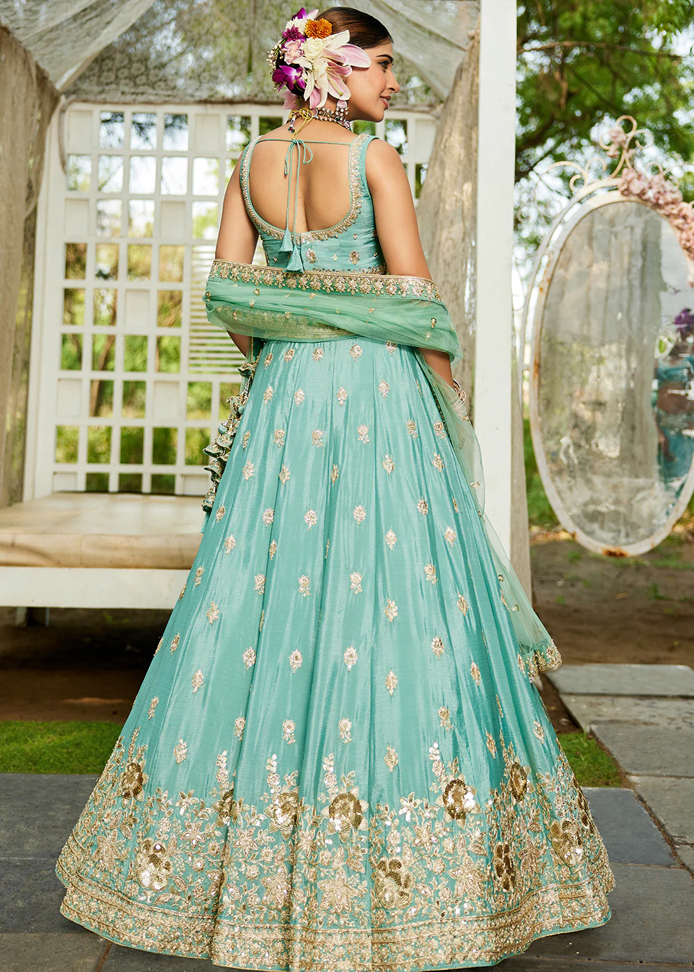 Wedding Wear Sea Green Chiffon Embroidered Lehenga Choli - Image 3