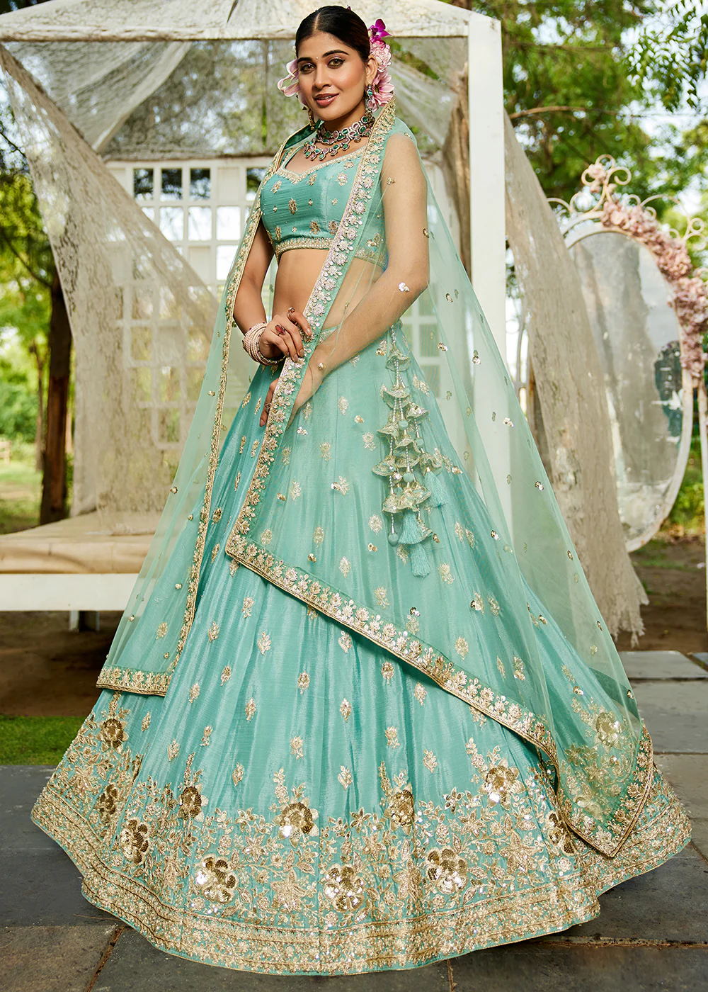 Wedding Wear Sea Green Chiffon Embroidered Lehenga Choli - Image 4