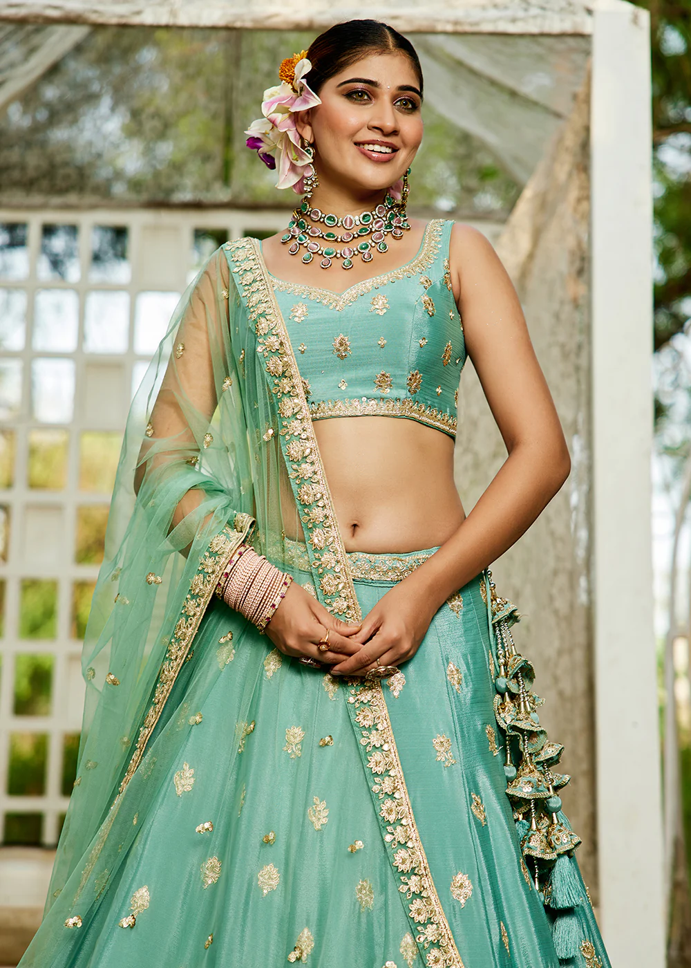 Wedding Wear Sea Green Chiffon Embroidered Lehenga Choli - Image 5