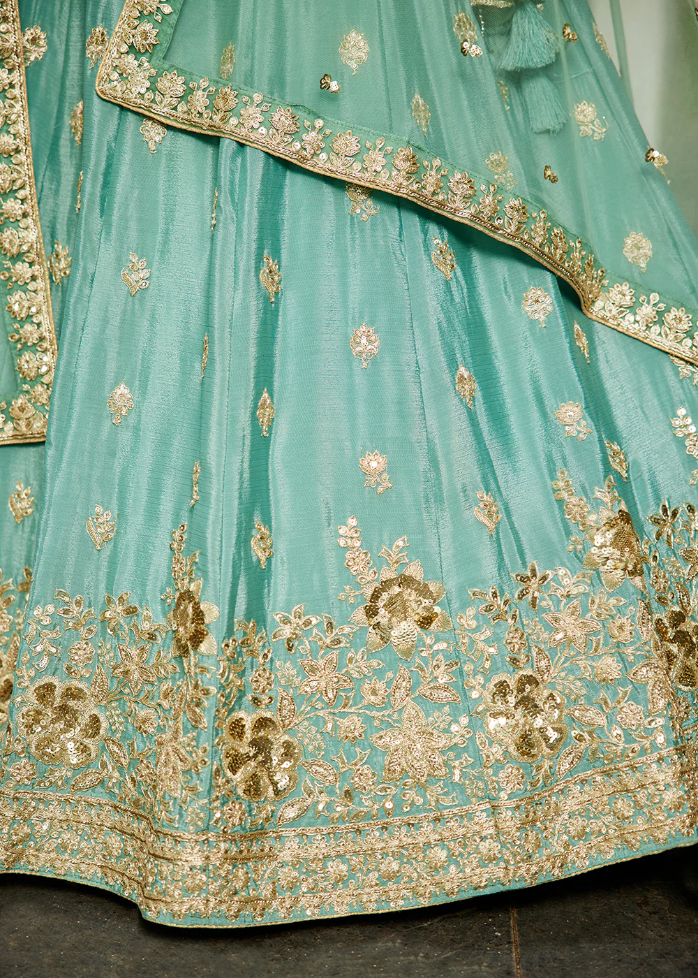 Wedding Wear Sea Green Chiffon Embroidered Lehenga Choli - Image 7