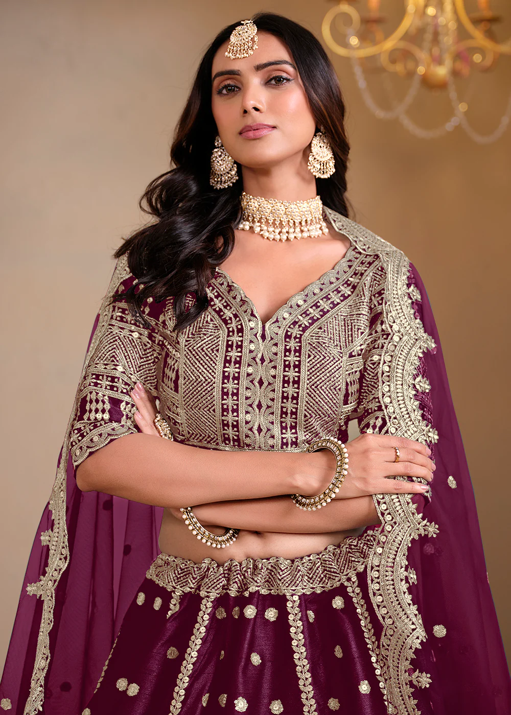 Wedding Wear Wine Embroidered A Line Lehenga Choli - Image 2