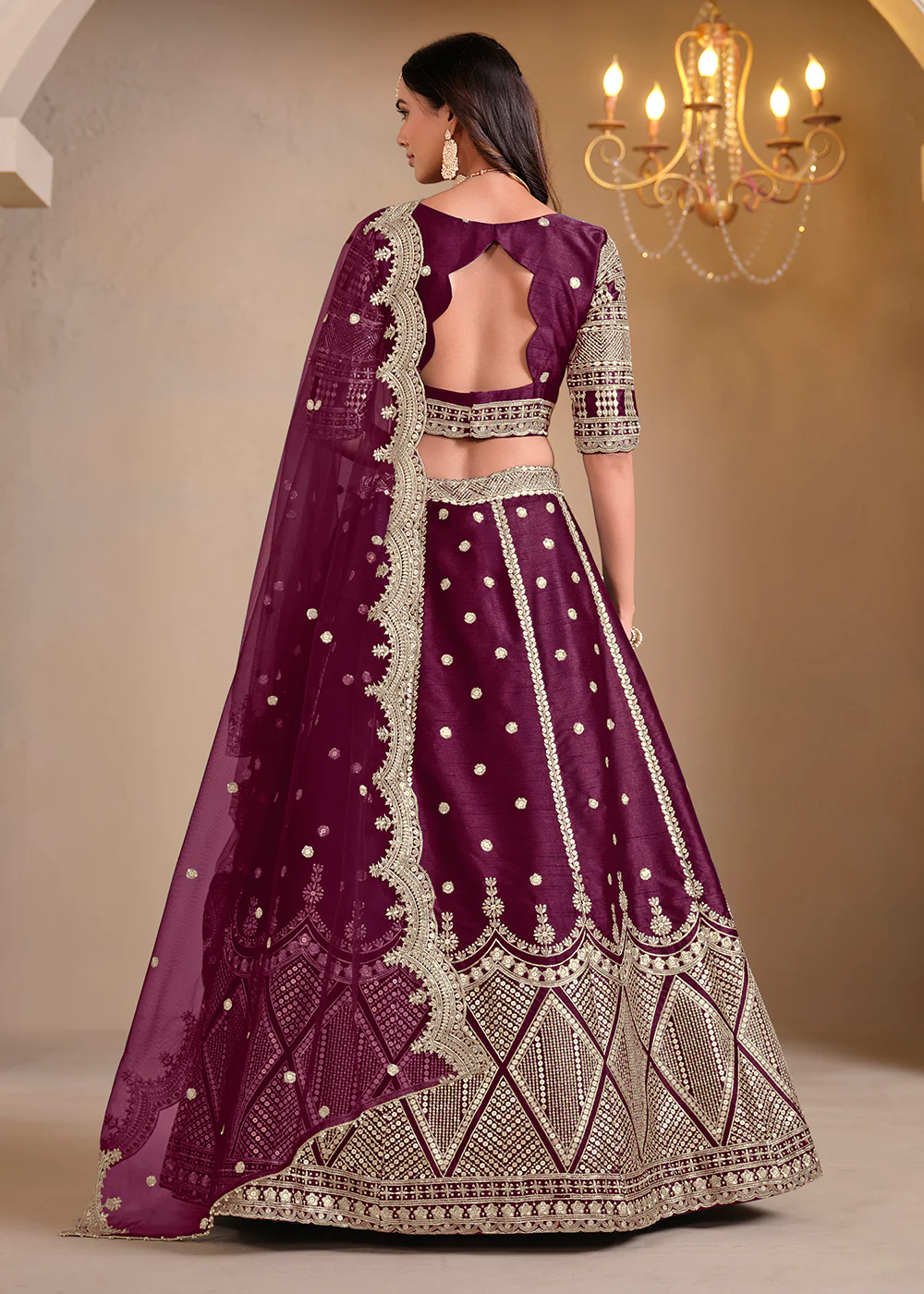 Wedding Wear Wine Embroidered A Line Lehenga Choli - Image 3