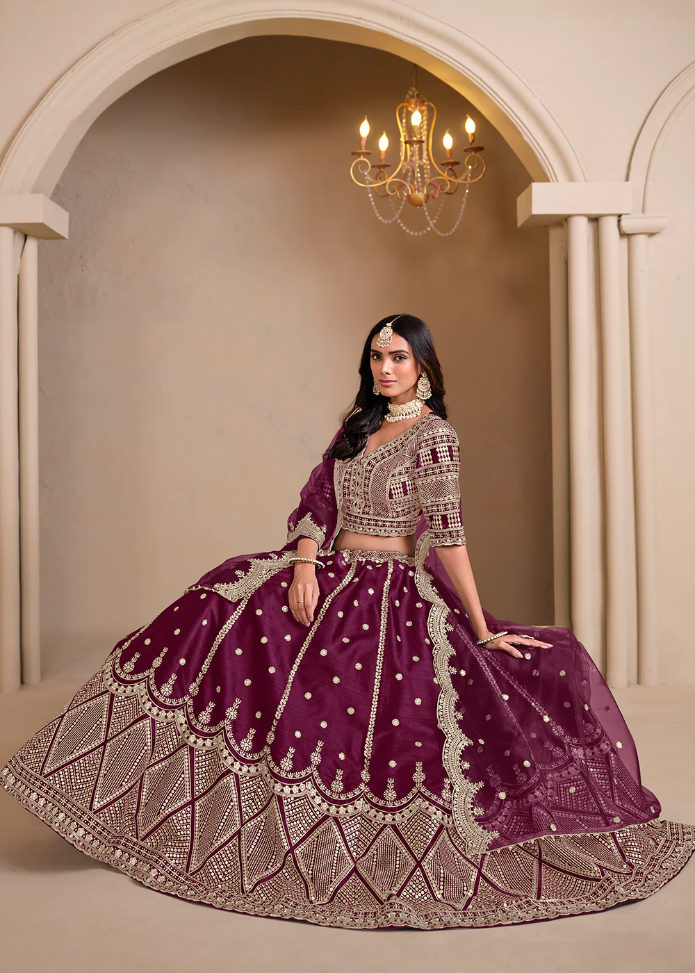 Wedding Wear Wine Embroidered A Line Lehenga Choli - Image 4
