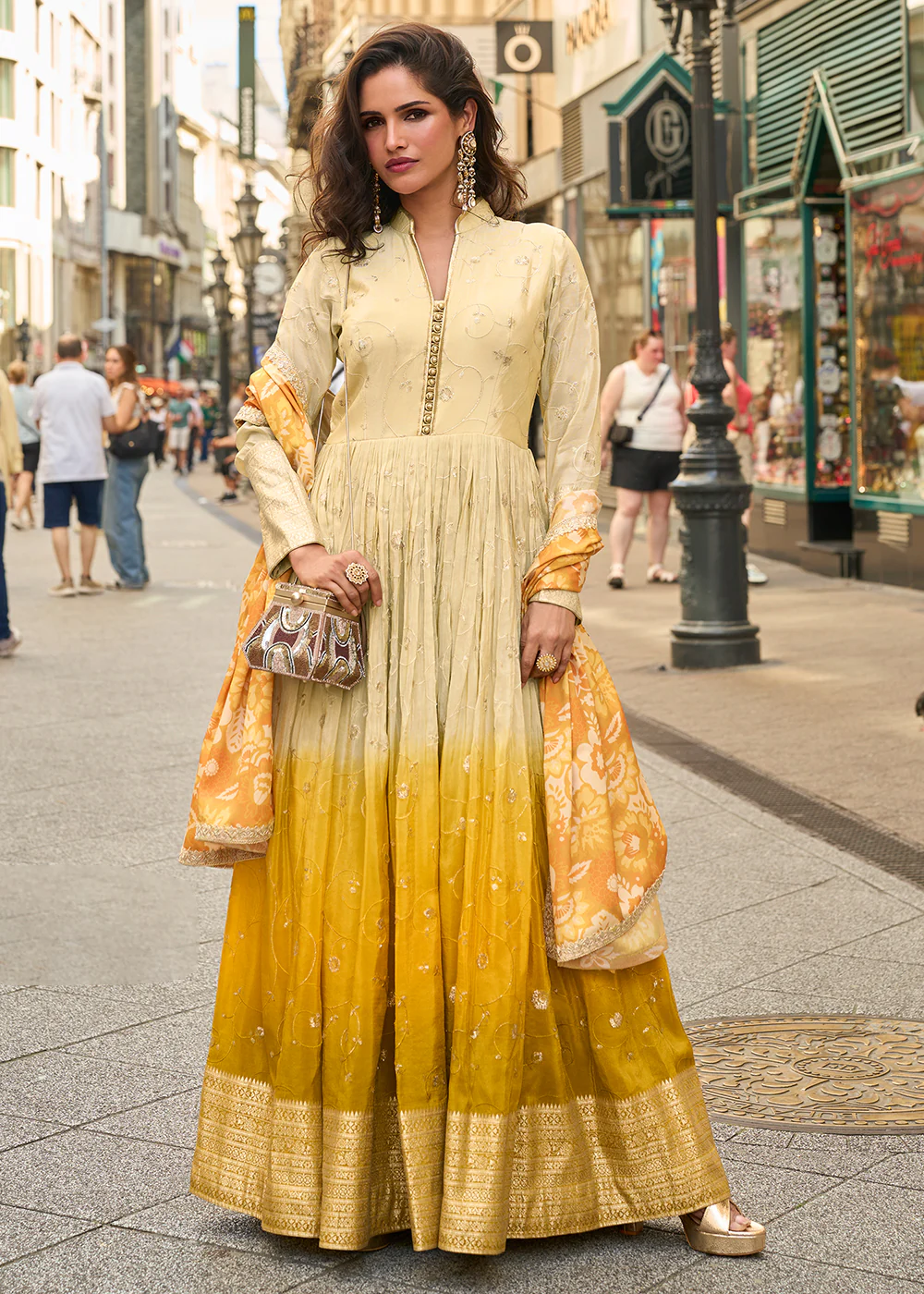 Wedding Wear Yellow & Cream Heavy Anarkali Gown