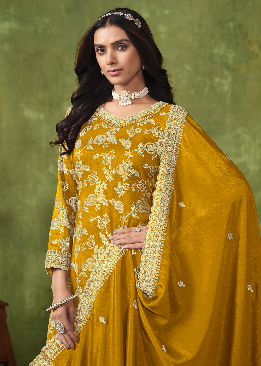 Wedding Wear Yellow Dola Silk Jacquard Palazzo Suit - Image 2