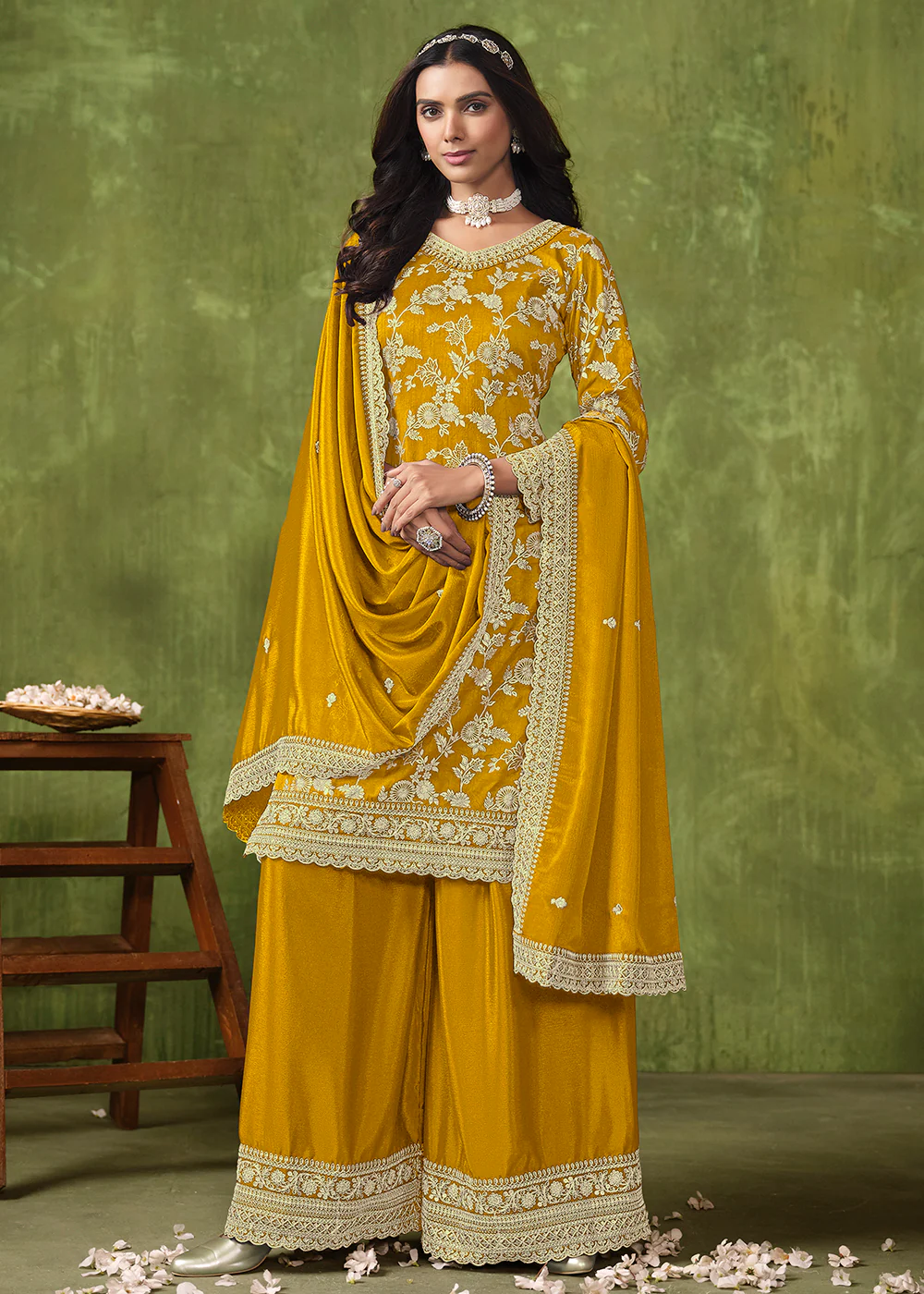 Wedding Wear Yellow Dola Silk Jacquard Palazzo Suit - Image 3