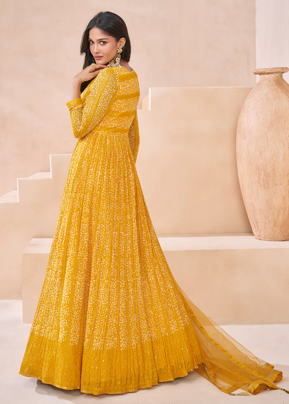Wedding Yellow Real Georgette Embroidered Anarkali Gown - Image 3