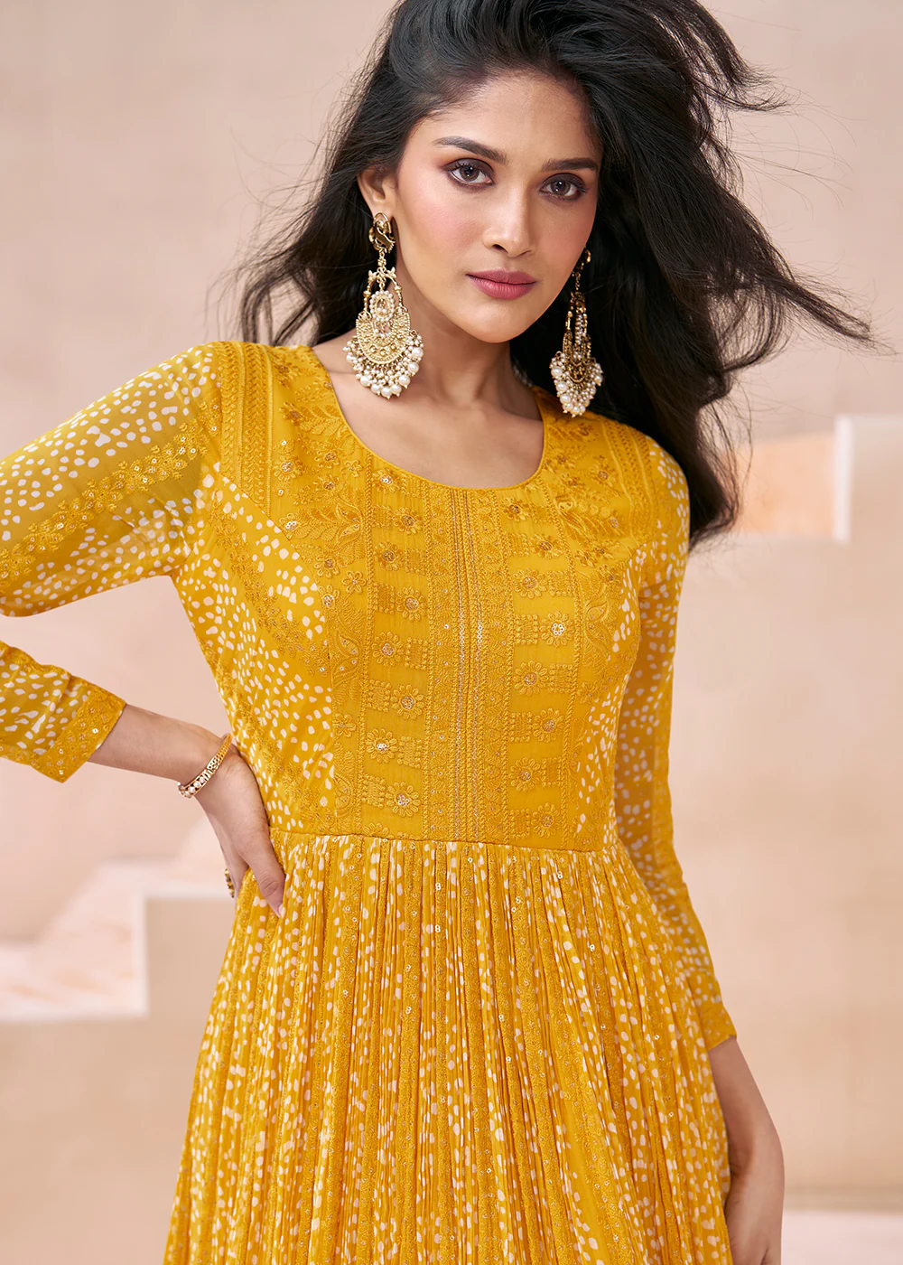 Wedding Yellow Real Georgette Embroidered Anarkali Gown - Image 4
