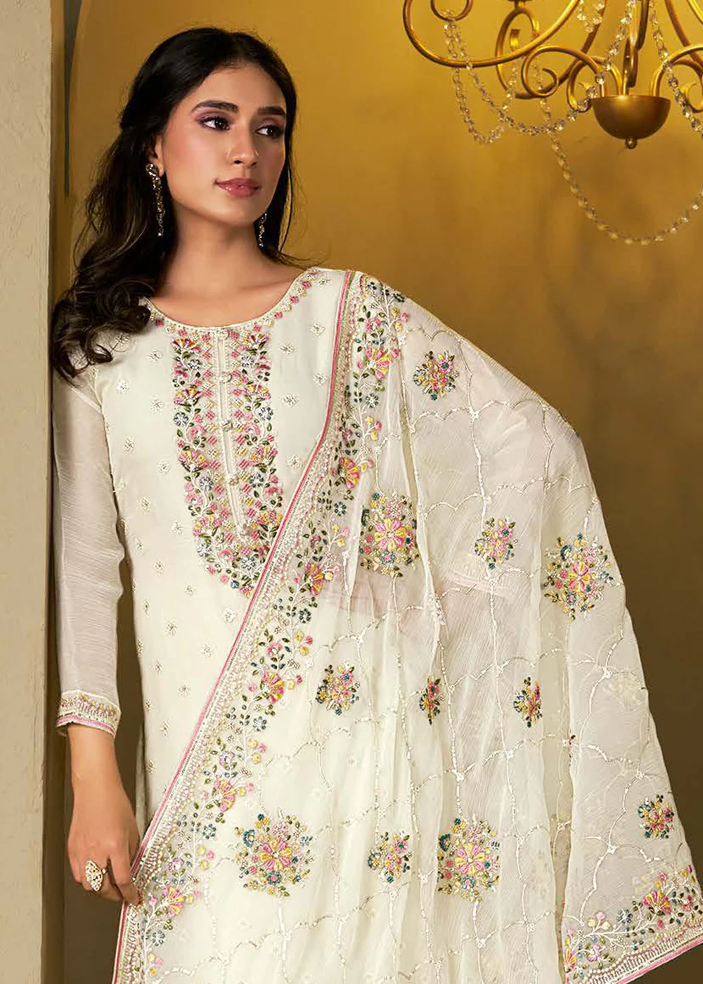 White Chiffon Swarovski Embroidered Salwar Suit - Image 3