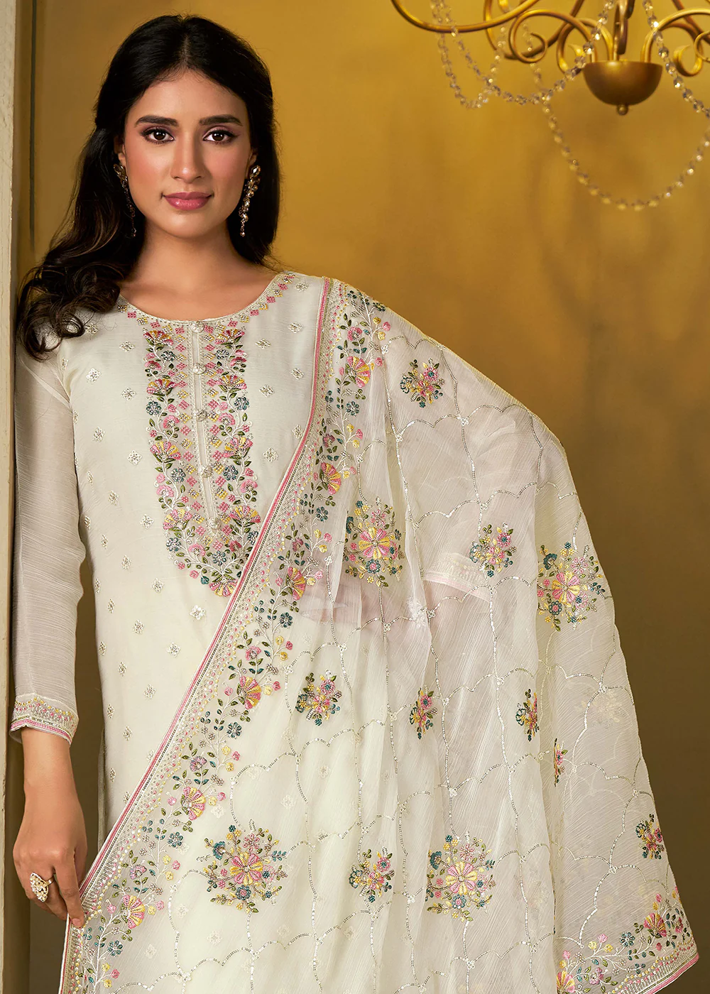 White Chiffon Swarovski Embroidered Salwar Suit - Image 4