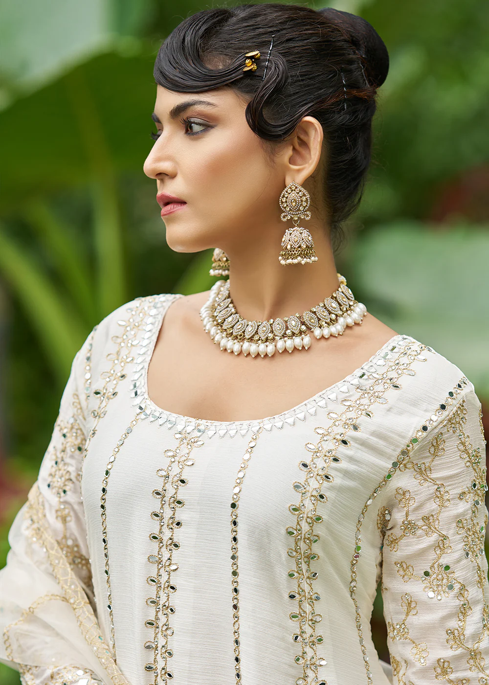 White Chinnon Mirror Embroidered Palazzo Style Suit - Image 2