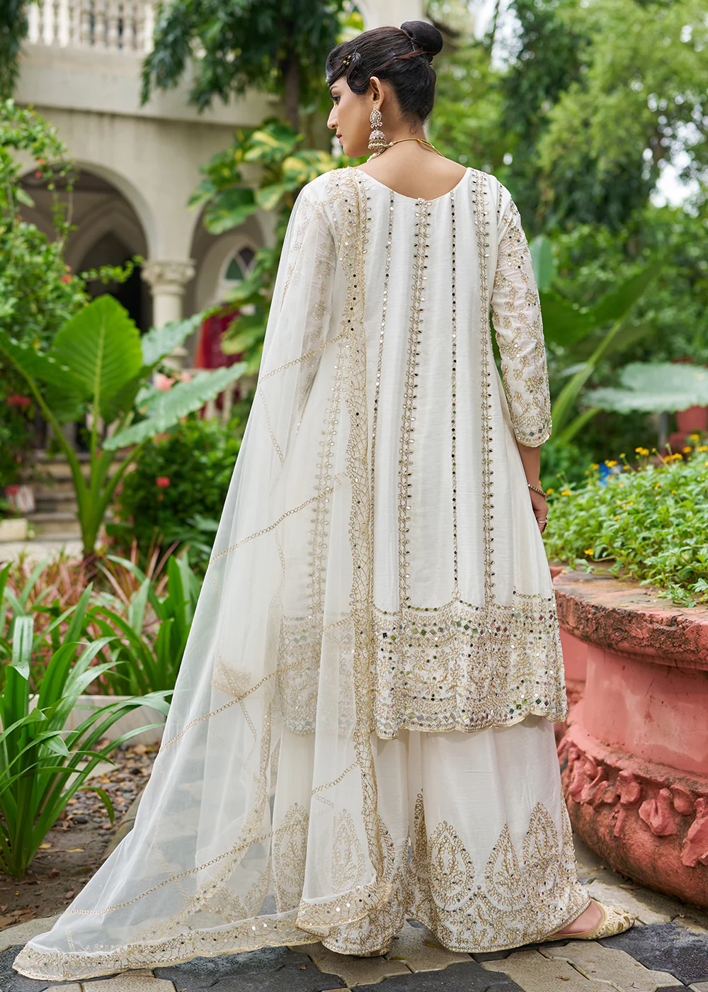 White Chinnon Mirror Embroidered Palazzo Style Suit - Image 3