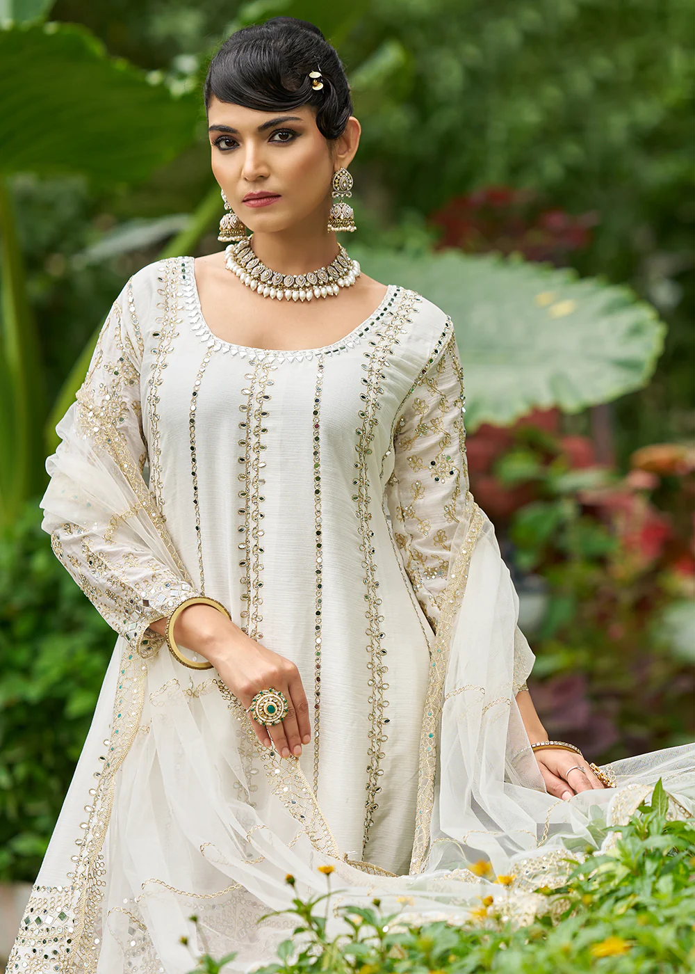 White Chinnon Mirror Embroidered Palazzo Style Suit - Image 4