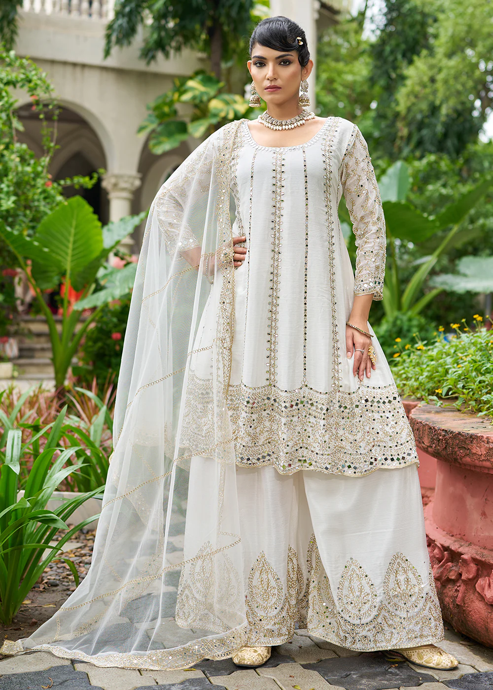 White Chinnon Mirror Embroidered Palazzo Style Suit - Image 5