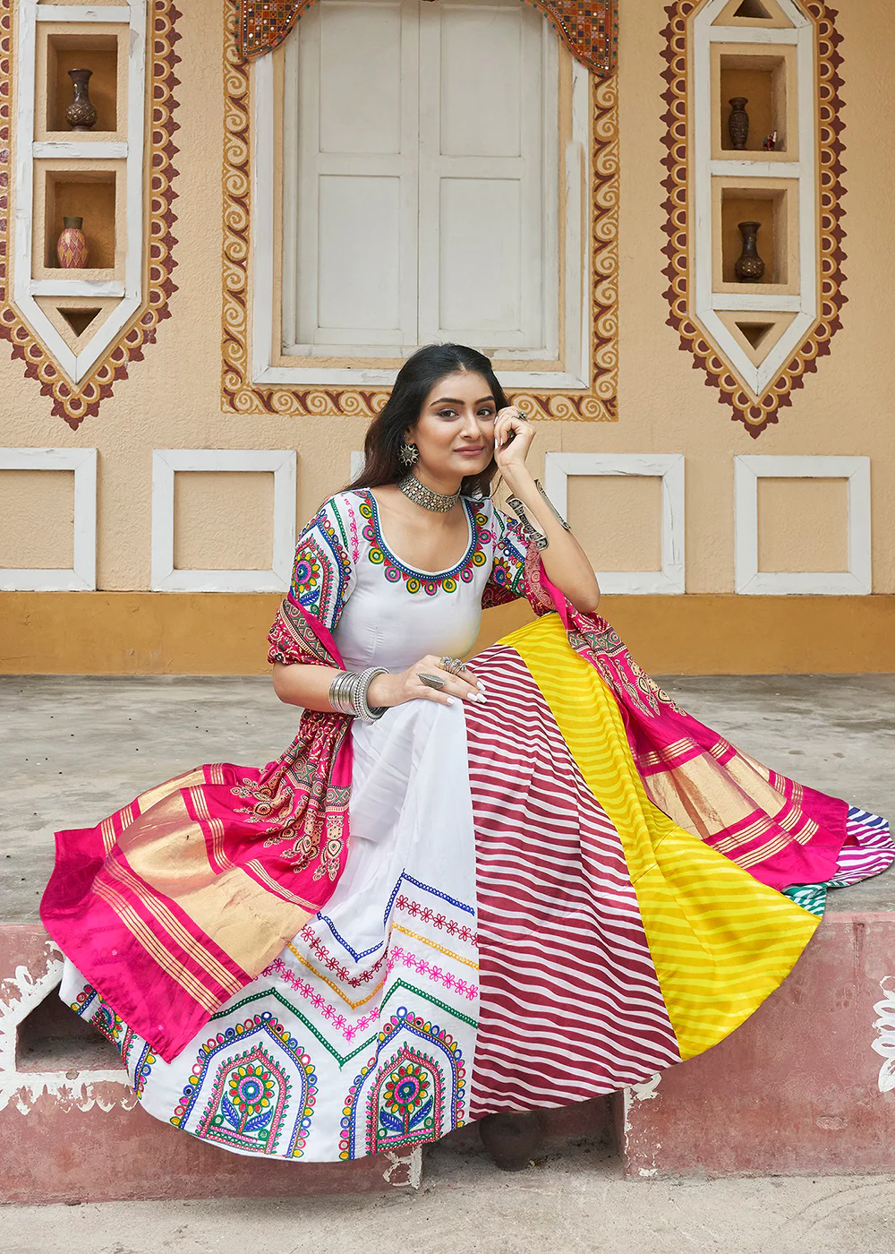 White Embroidered with Mirror Work Chaniya Choli for Navratri - Image 5