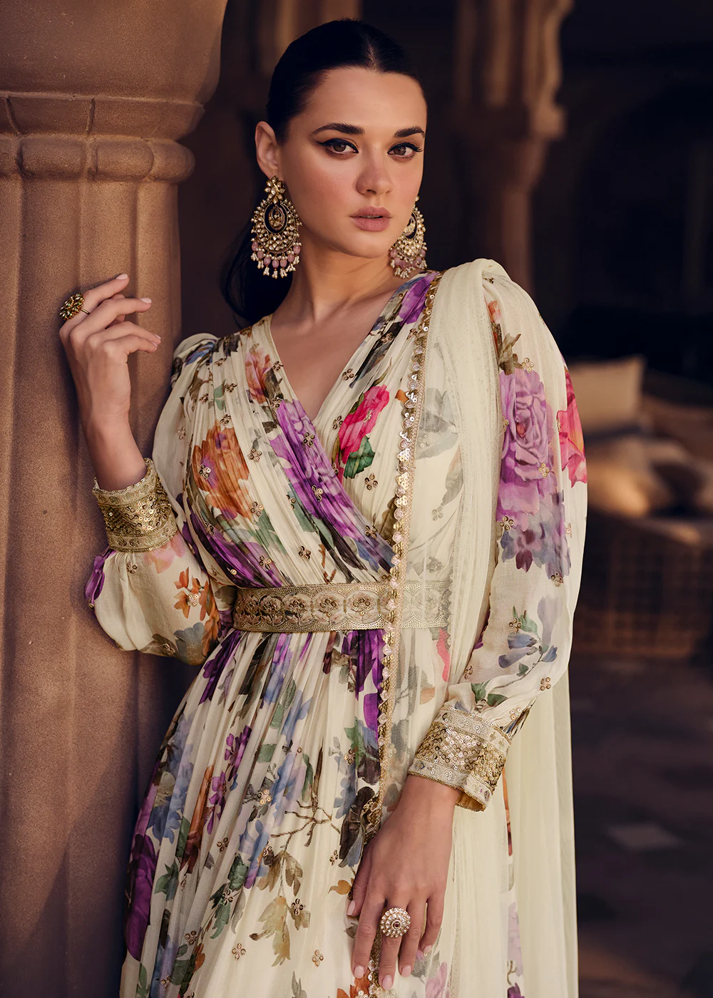 White Floral Digital Printed Designer Anarkali Gown - Image 2