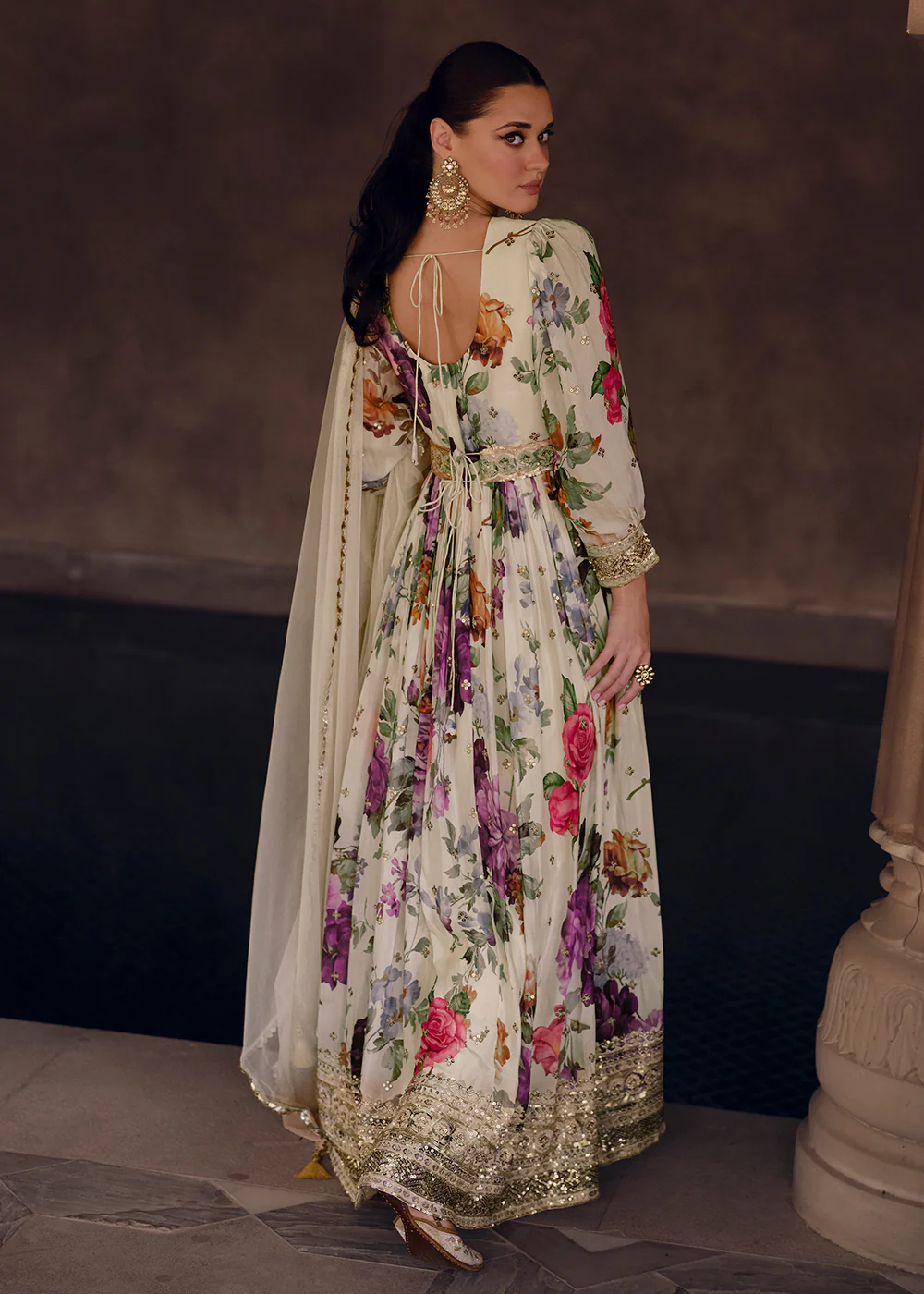 White Floral Digital Printed Designer Anarkali Gown - Image 3