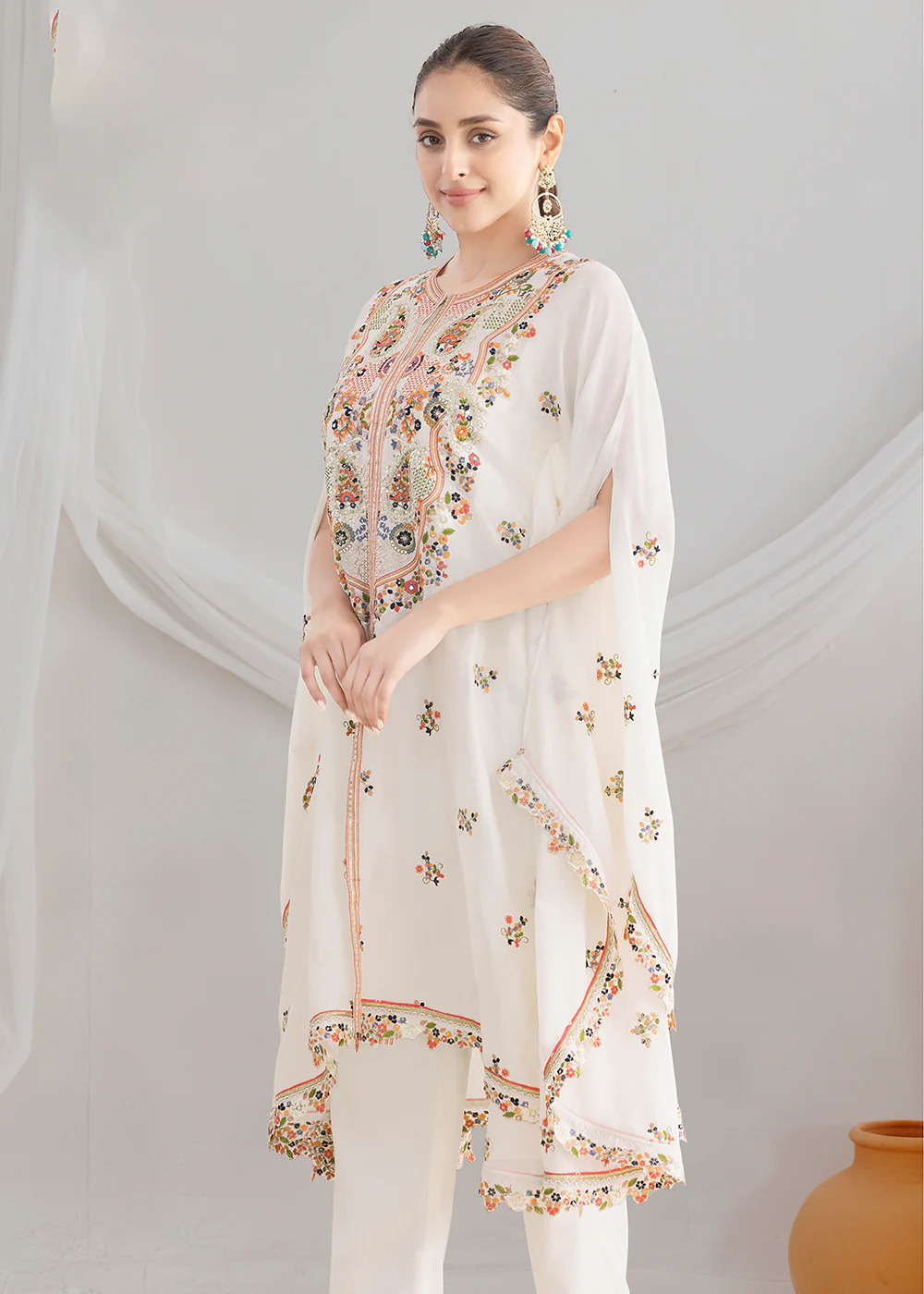 White Floral Embroidered Kaftan Style Dress - Image 2