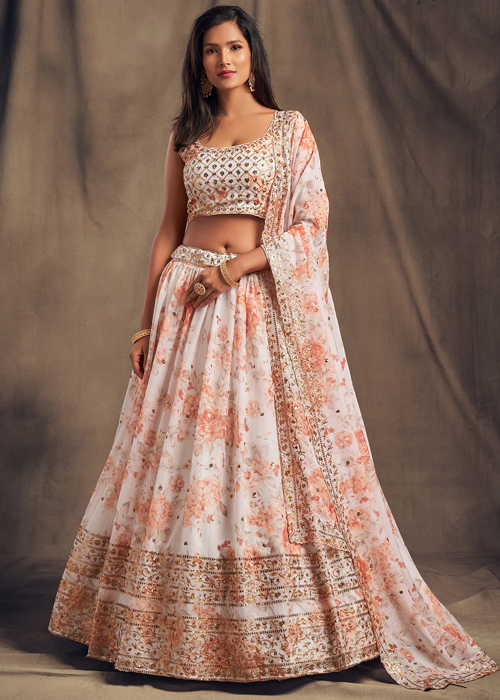 White Floral Embroidered Organza Wedding Lehenga Choli