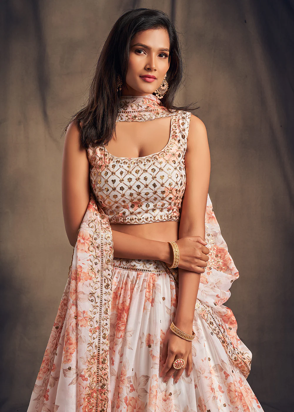 White Floral Embroidered Organza Wedding Lehenga Choli - Image 2