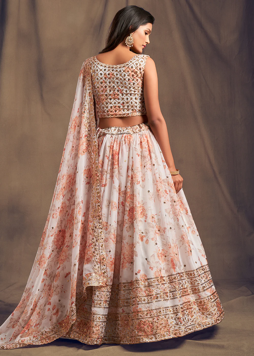 White Floral Embroidered Organza Wedding Lehenga Choli - Image 3