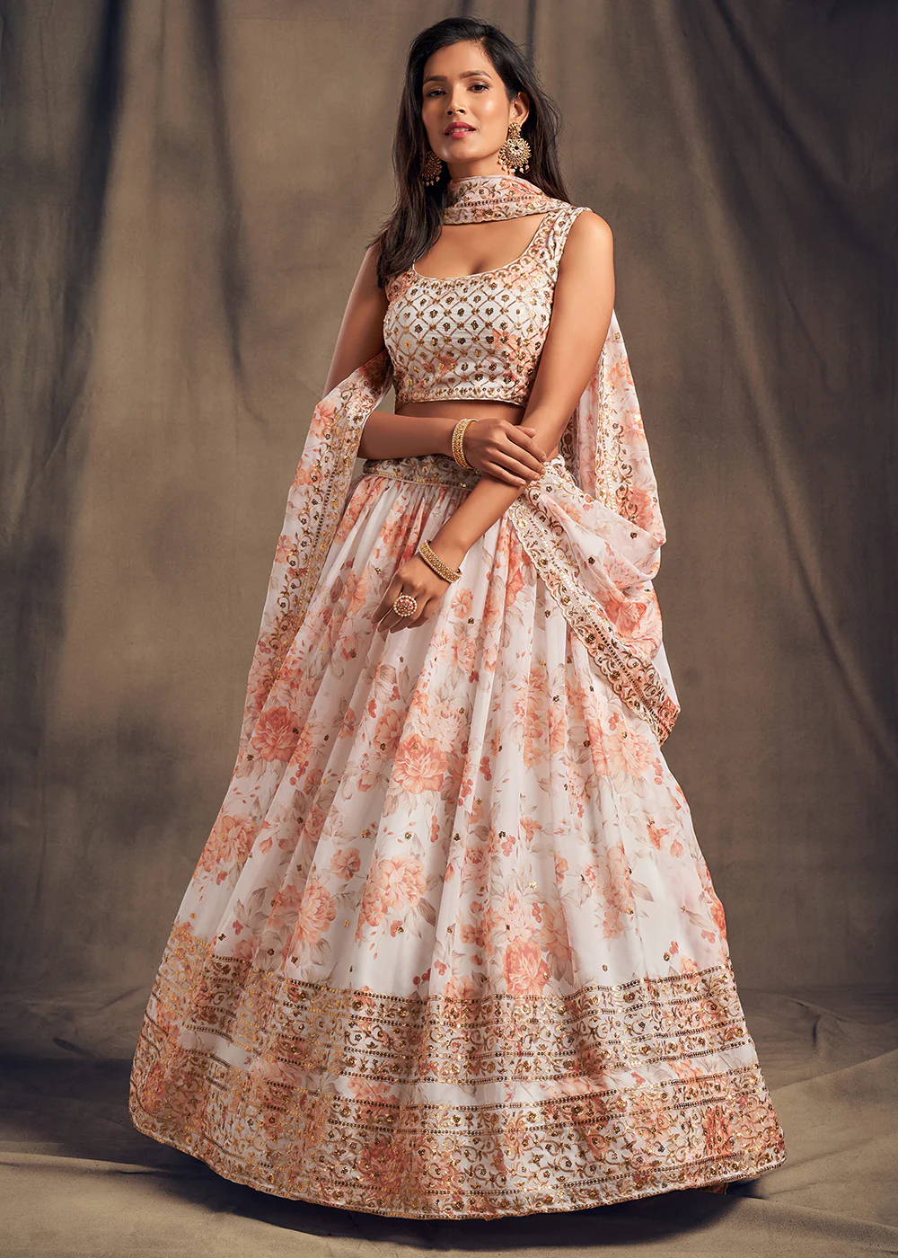 White Floral Embroidered Organza Wedding Lehenga Choli - Image 4