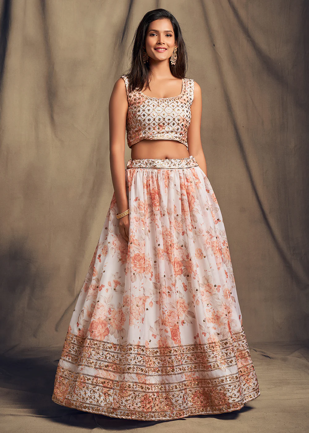 White Floral Embroidered Organza Wedding Lehenga Choli - Image 5