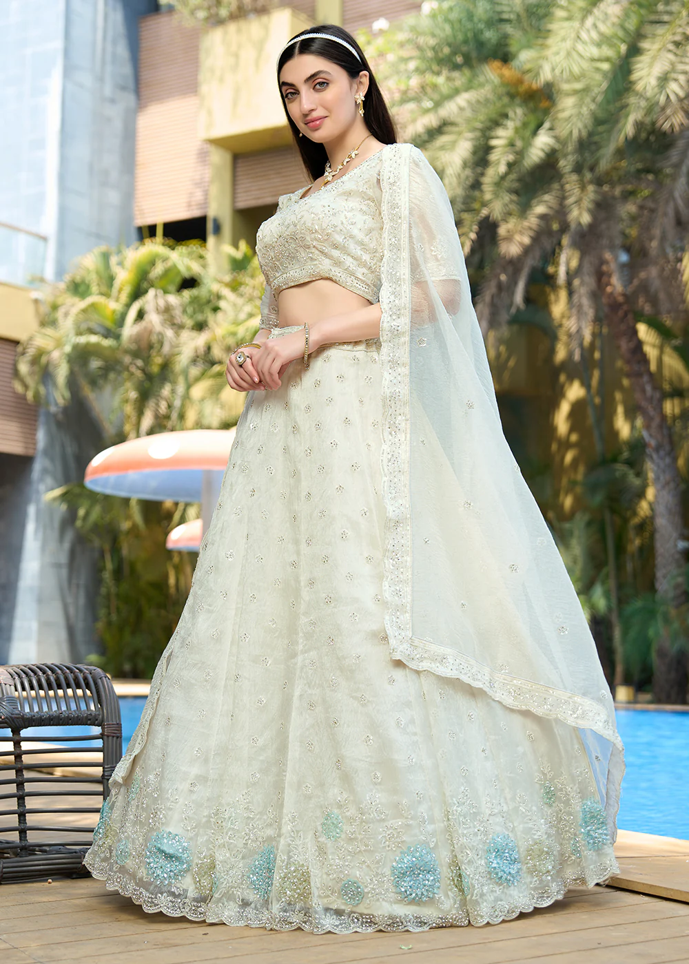 White Heavy Embroidered Wedding Bridal Lehenga Choli - Image 4