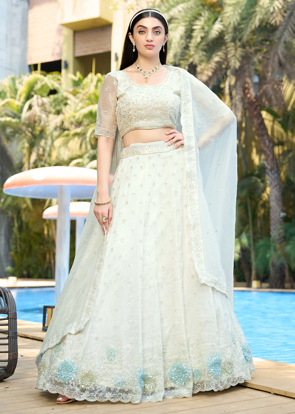 White Heavy Embroidered Wedding Bridal Lehenga Choli - Image 5