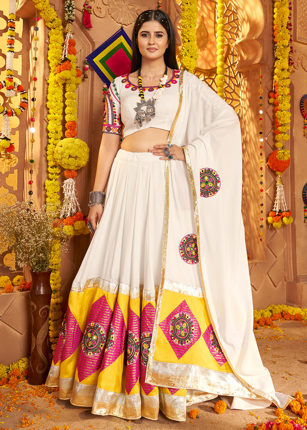 White Jacquard Patch Work Navratri Chaniya Choli