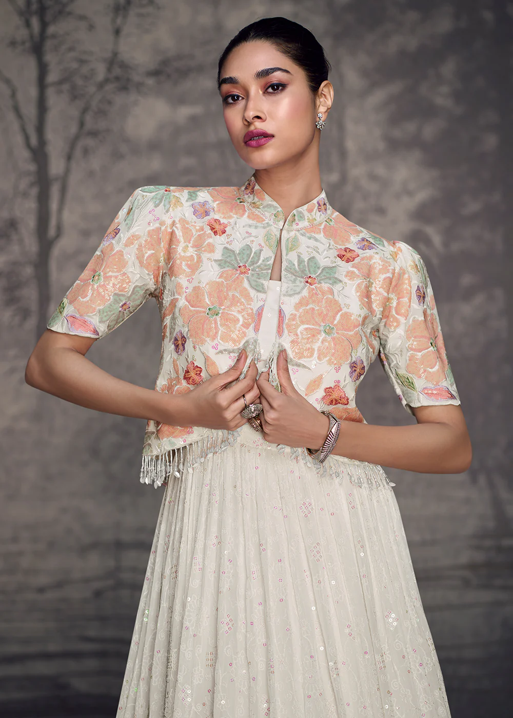White Lucknowi Style Wedding Festive Anarkali Gown - Image 2
