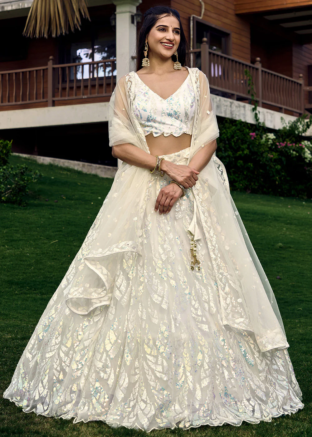 White Multi Sequins & Thread Wedding Lehenga Choli