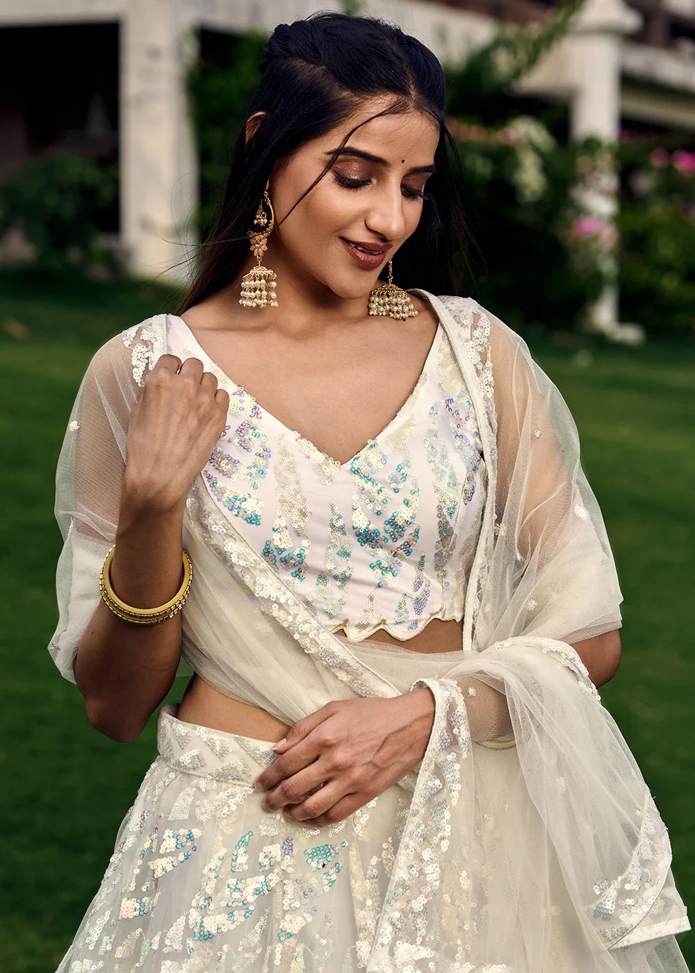 White Multi Sequins & Thread Wedding Lehenga Choli - Image 2