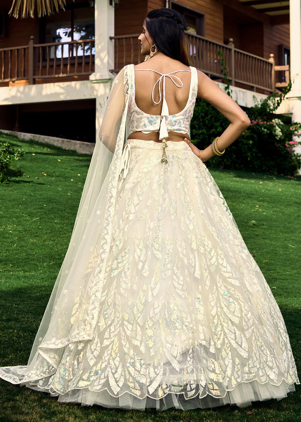 White Multi Sequins & Thread Wedding Lehenga Choli - Image 3