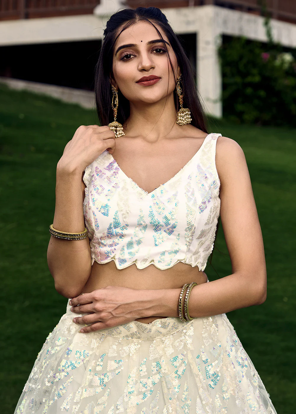 White Multi Sequins & Thread Wedding Lehenga Choli - Image 4