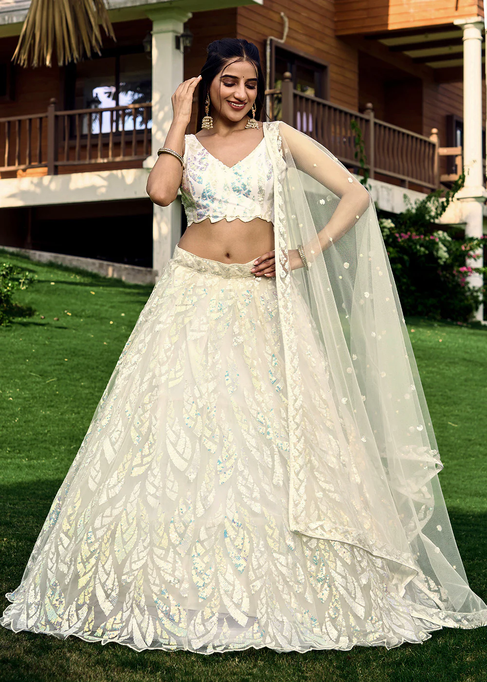 White Multi Sequins & Thread Wedding Lehenga Choli - Image 5