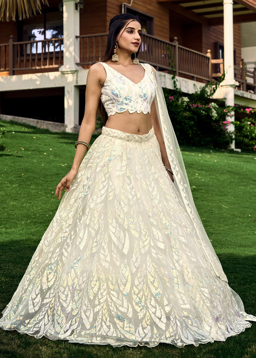 White Multi Sequins & Thread Wedding Lehenga Choli - Image 6