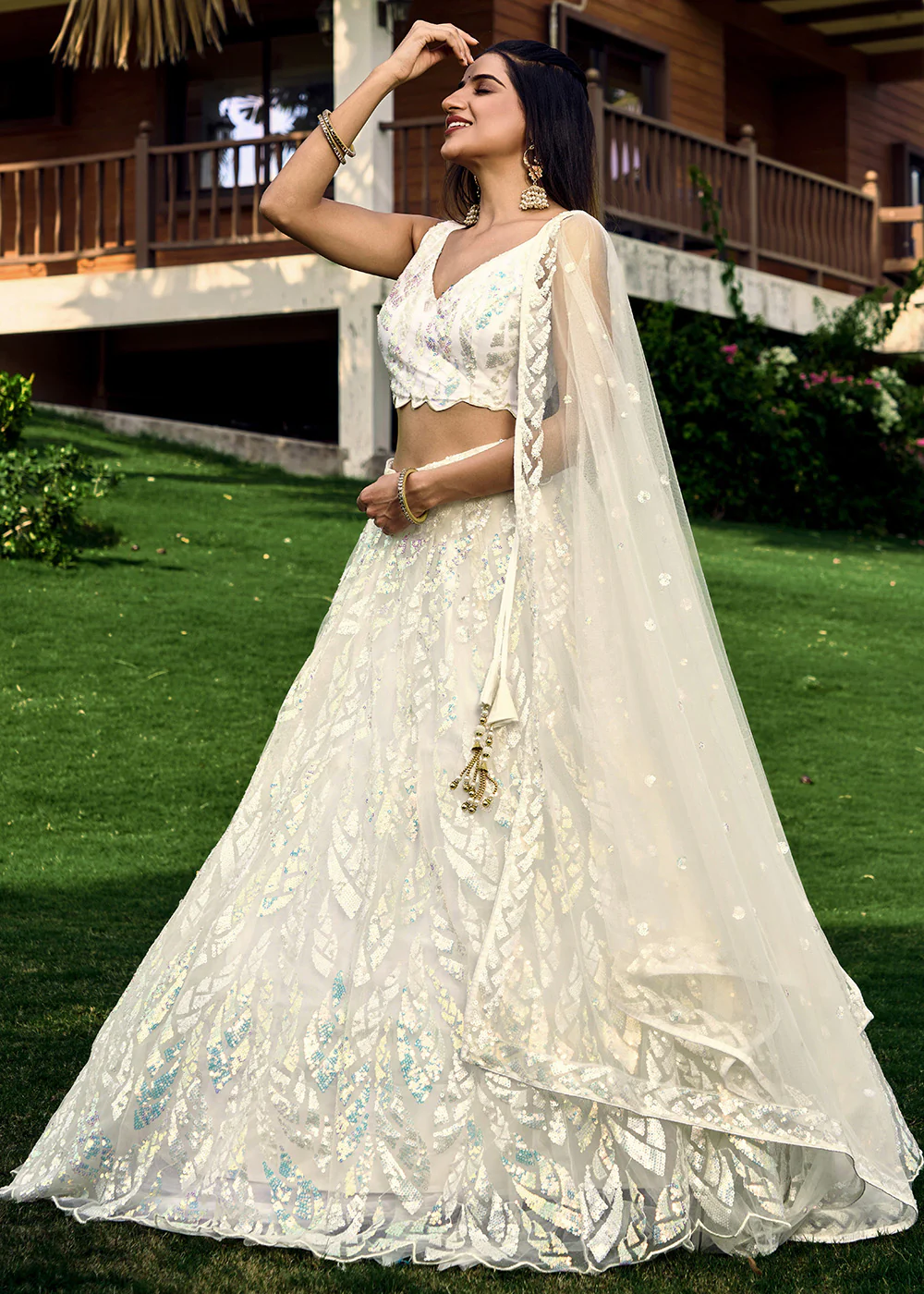 White Multi Sequins & Thread Wedding Lehenga Choli - Image 7